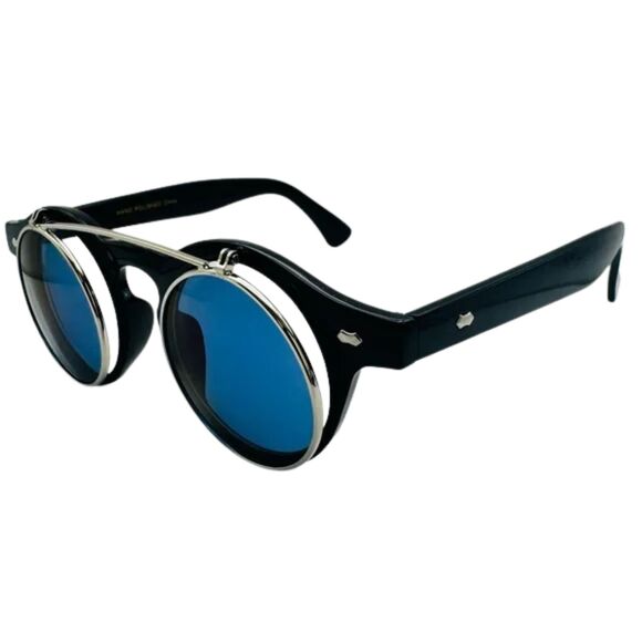 6112 | Blue Lens Flip Up Circle Sunglasses - Picture 2 of 6